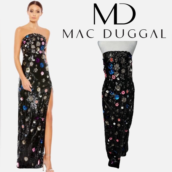 MacDuggal Formal Gown Wedding Guest Strapless Sequin 3D Floral Slit Evening Prom - Picture 15 of 15